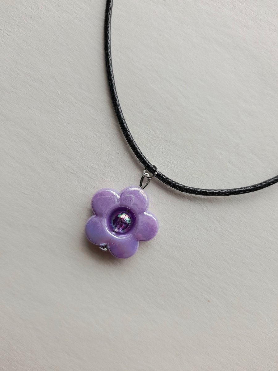 Flower pendant necklace with waxed cotton cord. Charm necklace. Gift for her.
