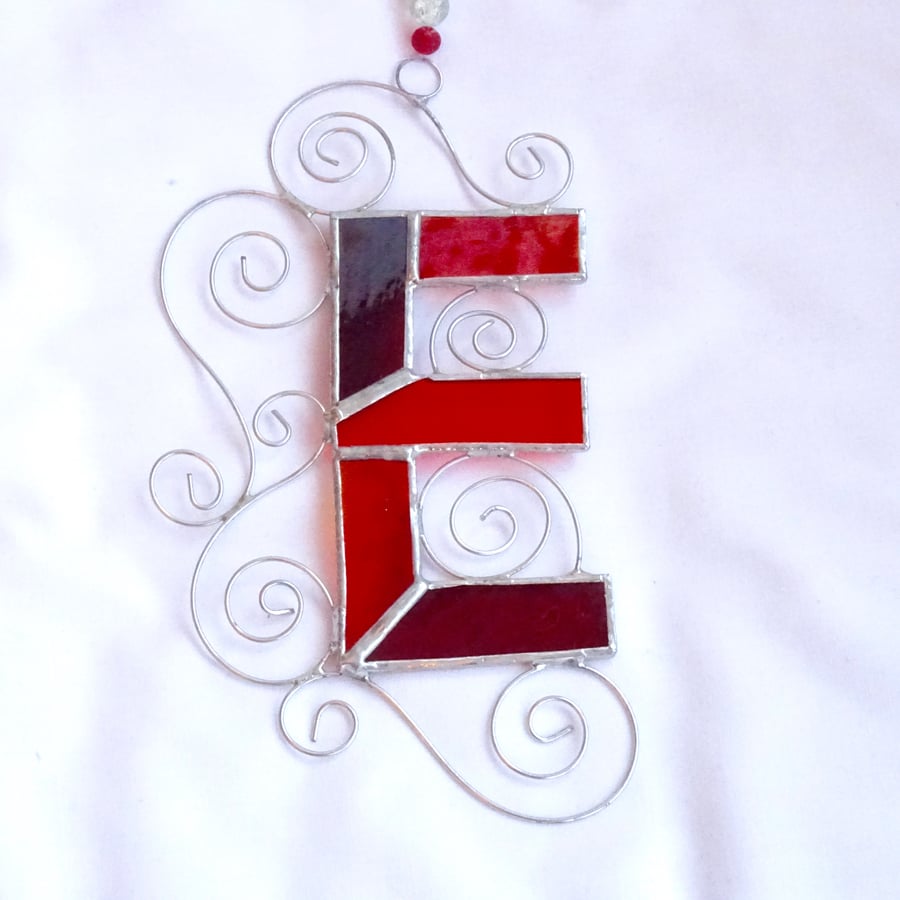 Stained Glass Letter E Suncatcher - Red and Orange