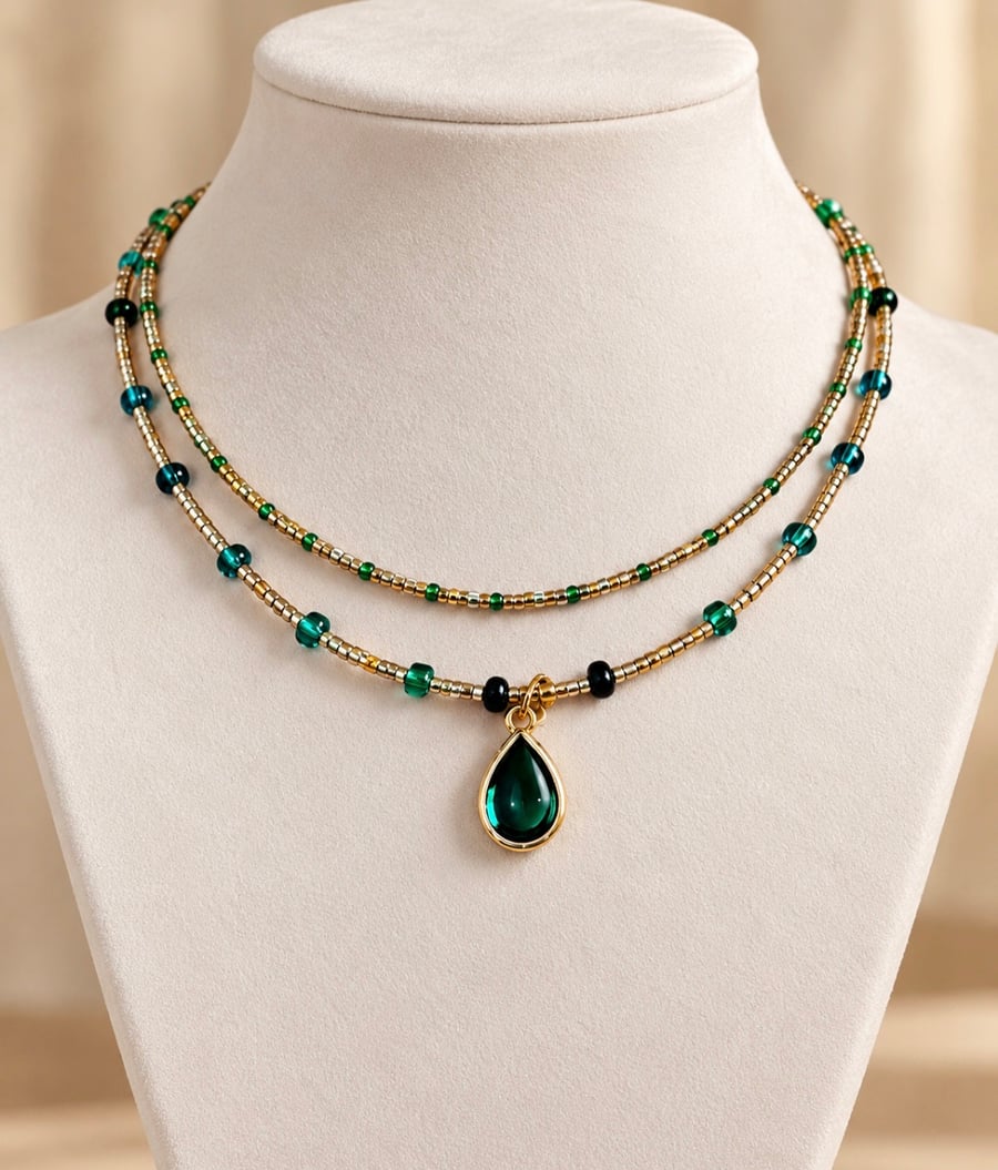 Handmade Emerald Green and Turquoise Double Strand Necklace Teardrop Pendant