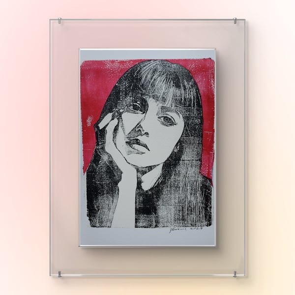 Monoprint portrait unique art Goth Handmade 