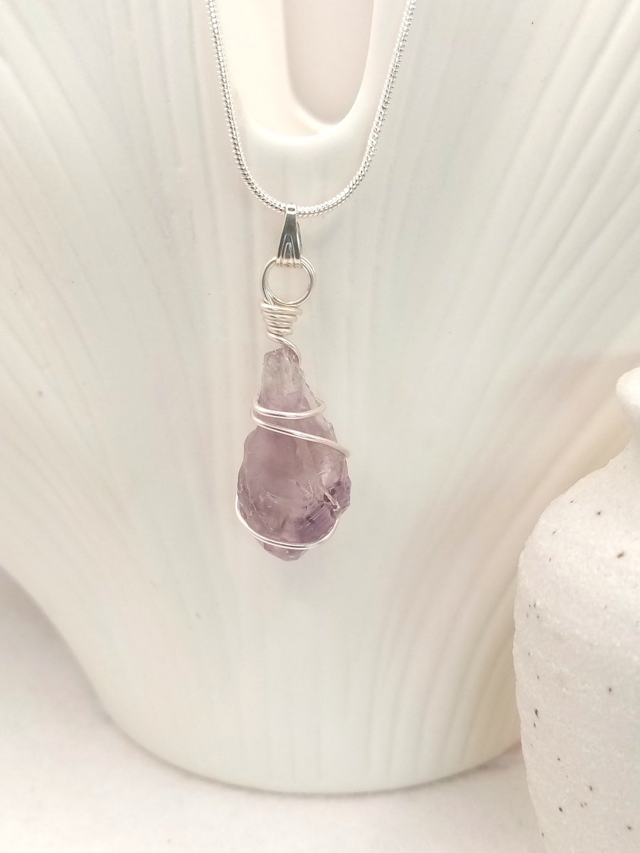 Wire Wrapped Amethyst Necklace with Silver Plated Snake Chain 
