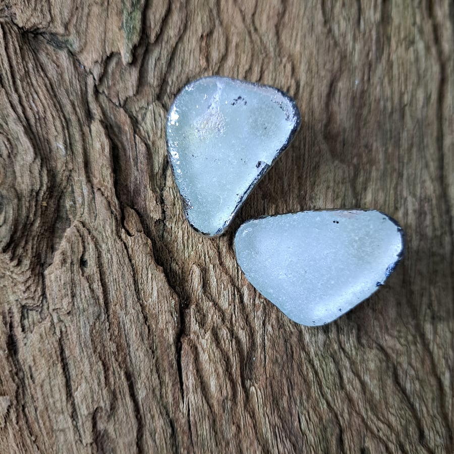 Earrings, Sea Glass, Silver Leaf, Stud Earrings