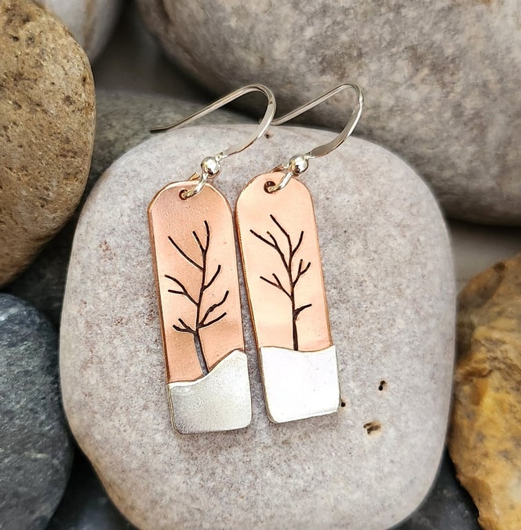 Tree landscape earrings in copper and sterling silver