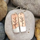 Tree landscape earrings in copper and sterling silver