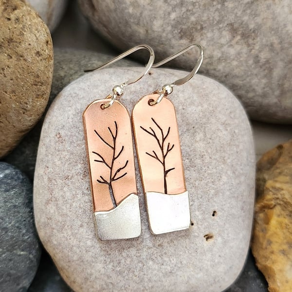 Tree landscape earrings in copper and sterling silver