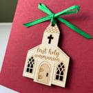 Blank card with detachable wooden 'first holy communion' church decoration