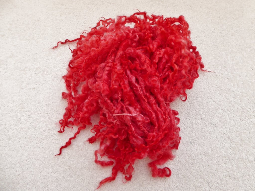 145g Tail Spun Art Yarn Wensleydale Locks. Red Hand Dyed.  Handspun.