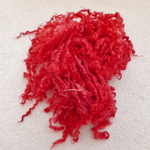 145g Tail Spun Art Yarn Wensleydale Locks. Red Hand Dyed.  Handspun.