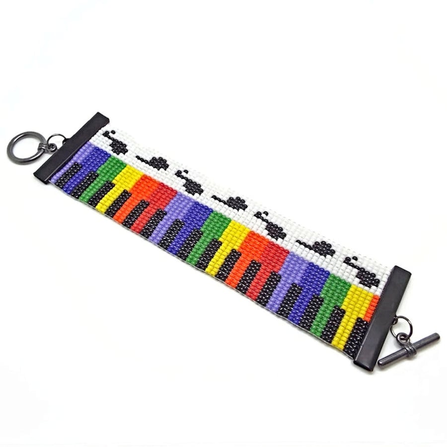 Piano Bracelet made with Miyuki Seed Beads, Gift for Music Lover, Black Findings