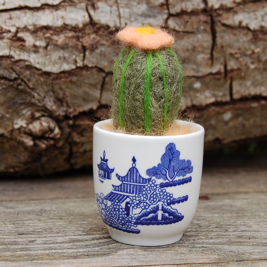 Needle Felt Wool Cactus Displayed in a Vintage  Egg Cup - pincushion