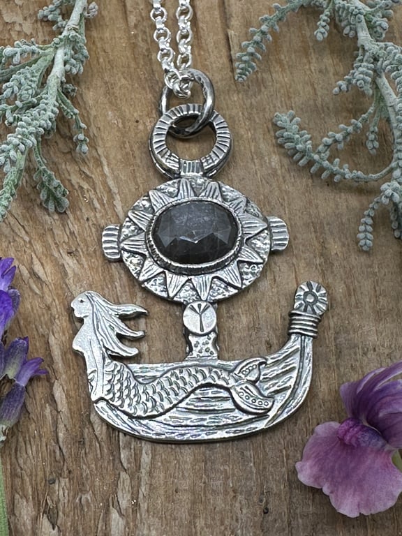 Fair Winds Mermaid Viking Ship Pendant with Grey Sapphire