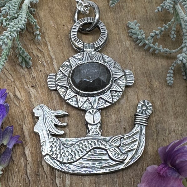 Fair Winds Mermaid Viking Ship Pendant with Grey Sapphire
