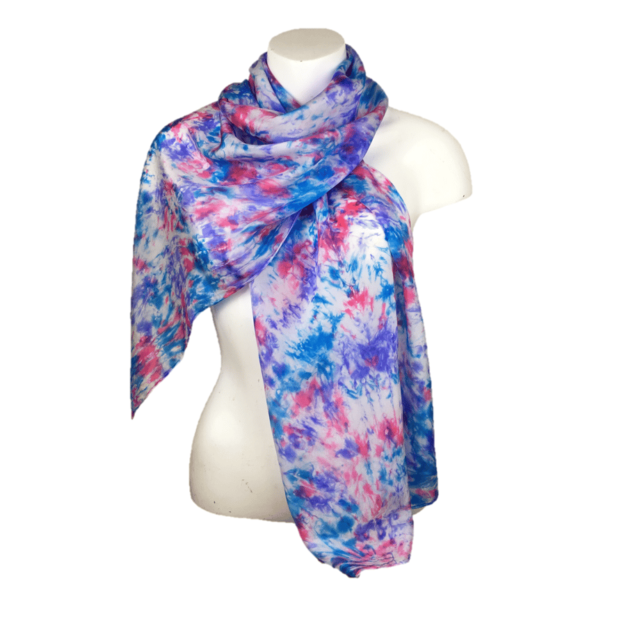 Hand dyed silk scarf, crepe de chine, hand painted in blue, red and purple