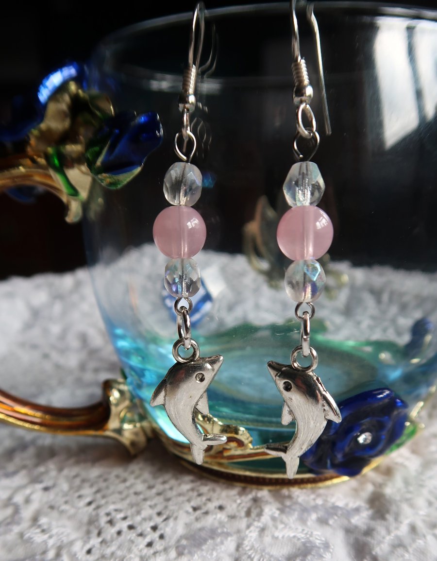 Rose Quartz, Electroplated Faceted Glass Beads and Silver Dolphin Earrings. 