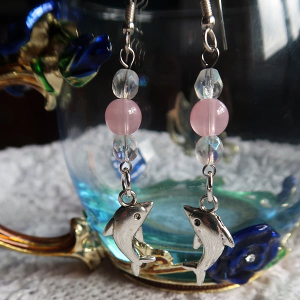 Rose Quartz, Electroplated Faceted Glass Beads and Silver Dolphin Earrings. 