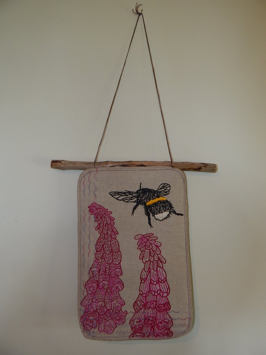 For Anita Bee and Foxglove flowers hanging on Cumbrian driftwood.