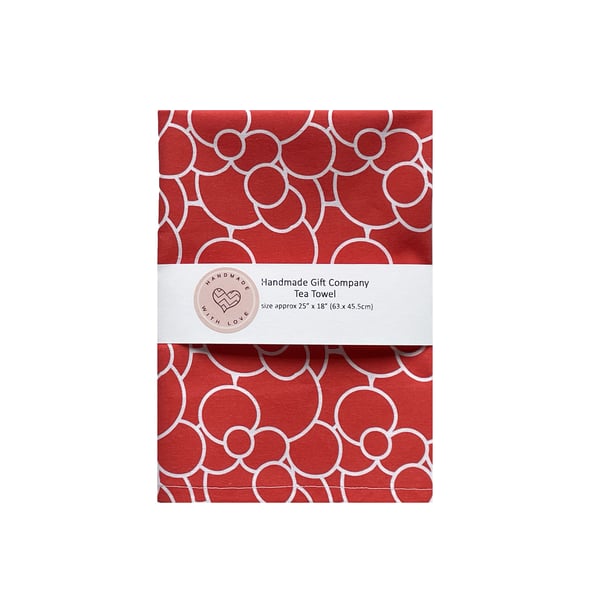 Fabric Handmade Pretty Cotton Tea Towel with a Red Bubbles Design