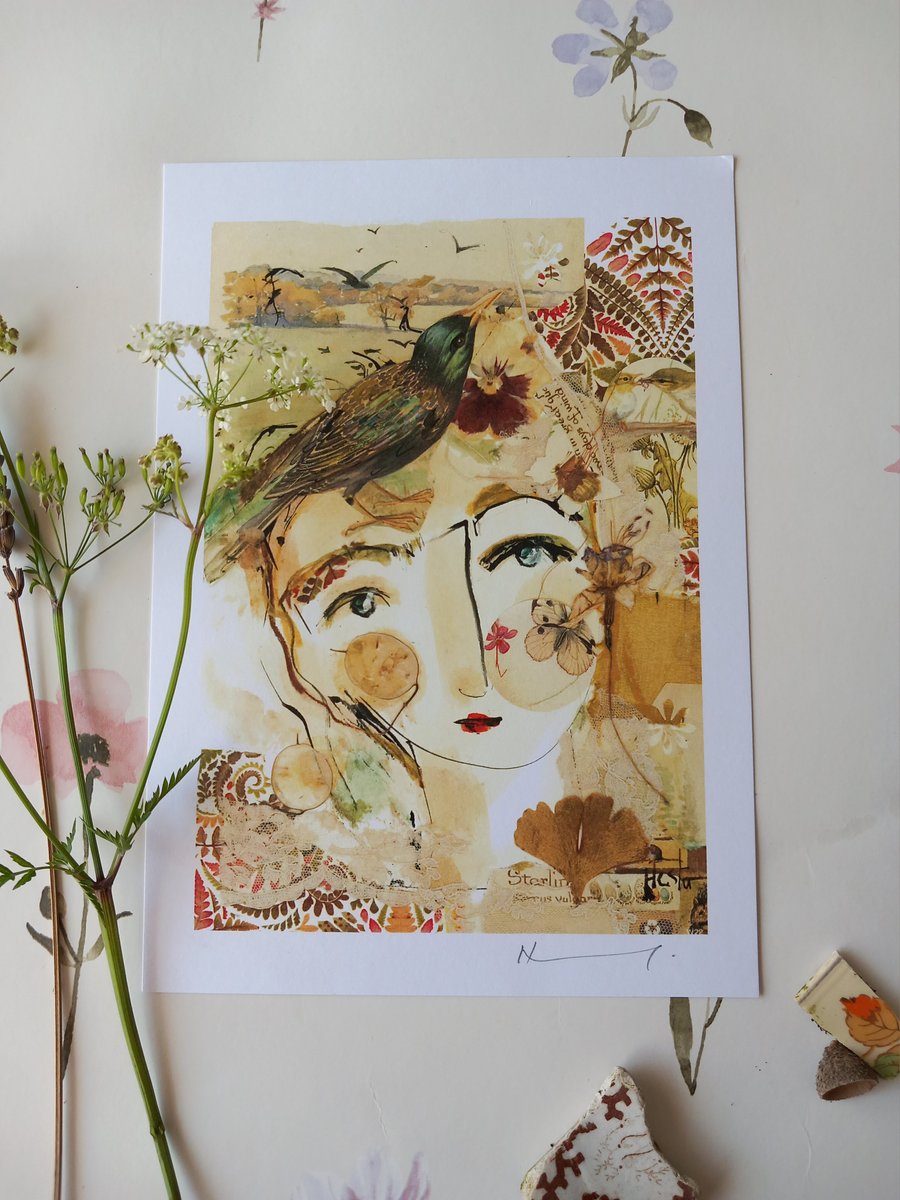 A5 prints stylised portrait of young girl' bird girl' 
