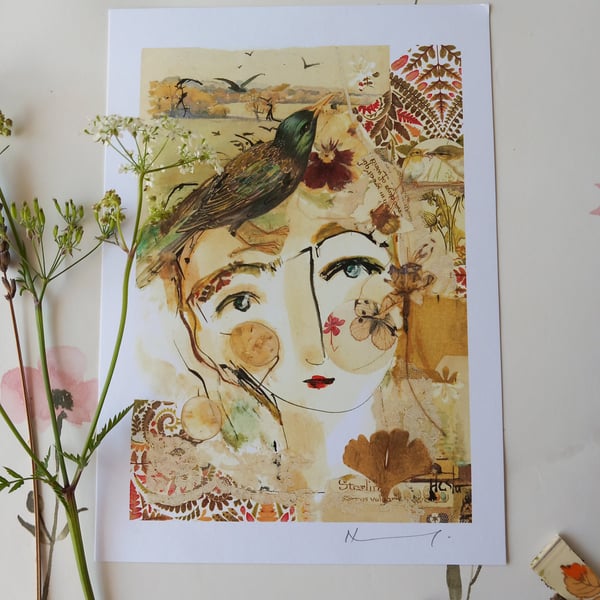 A5 prints stylised portrait of young girl' bird girl '