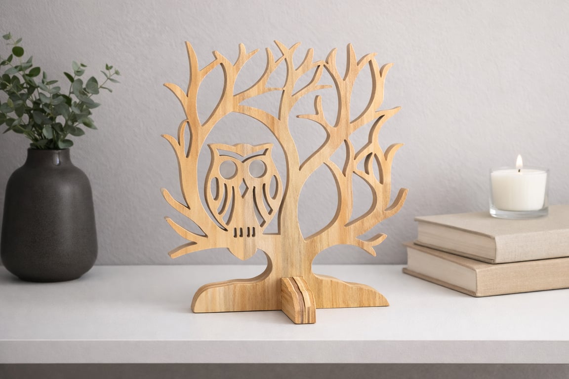 Wooden Owl Tree Ornament – Scroll Saw Woodland Decor – Freestanding Wooden Owl