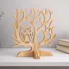 Wooden Owl Tree Ornament – Scroll Saw Woodland Decor – Freestanding Wooden Owl