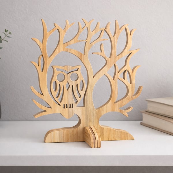 Wooden Owl Tree Ornament – Scroll Saw Woodland Decor – Freestanding Wooden Owl