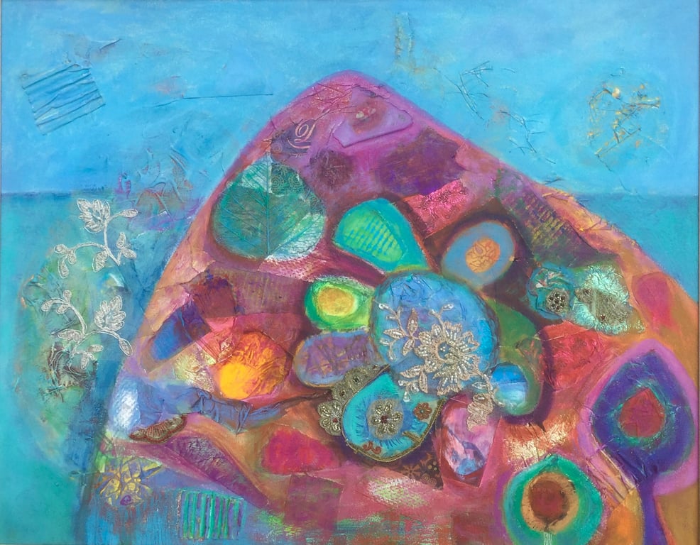 SALE-Framed Abstract Mixed Media with embroidery