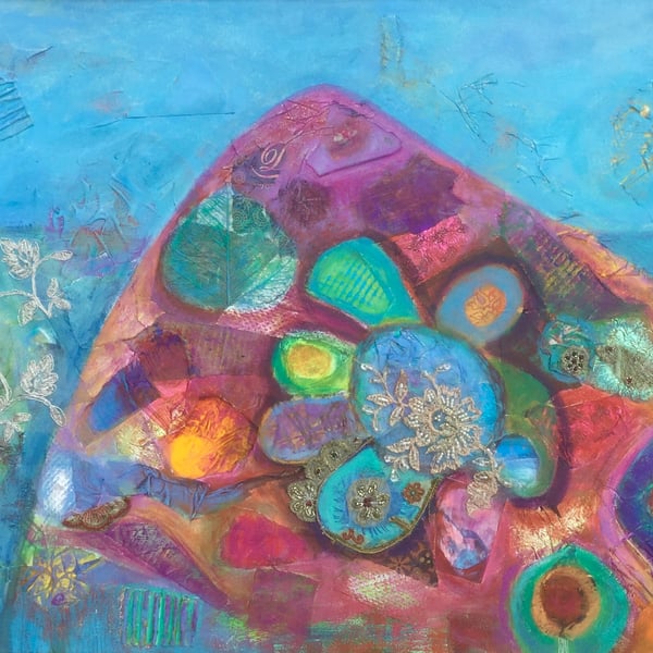 SALE-Framed Abstract Mixed Media with embroidery