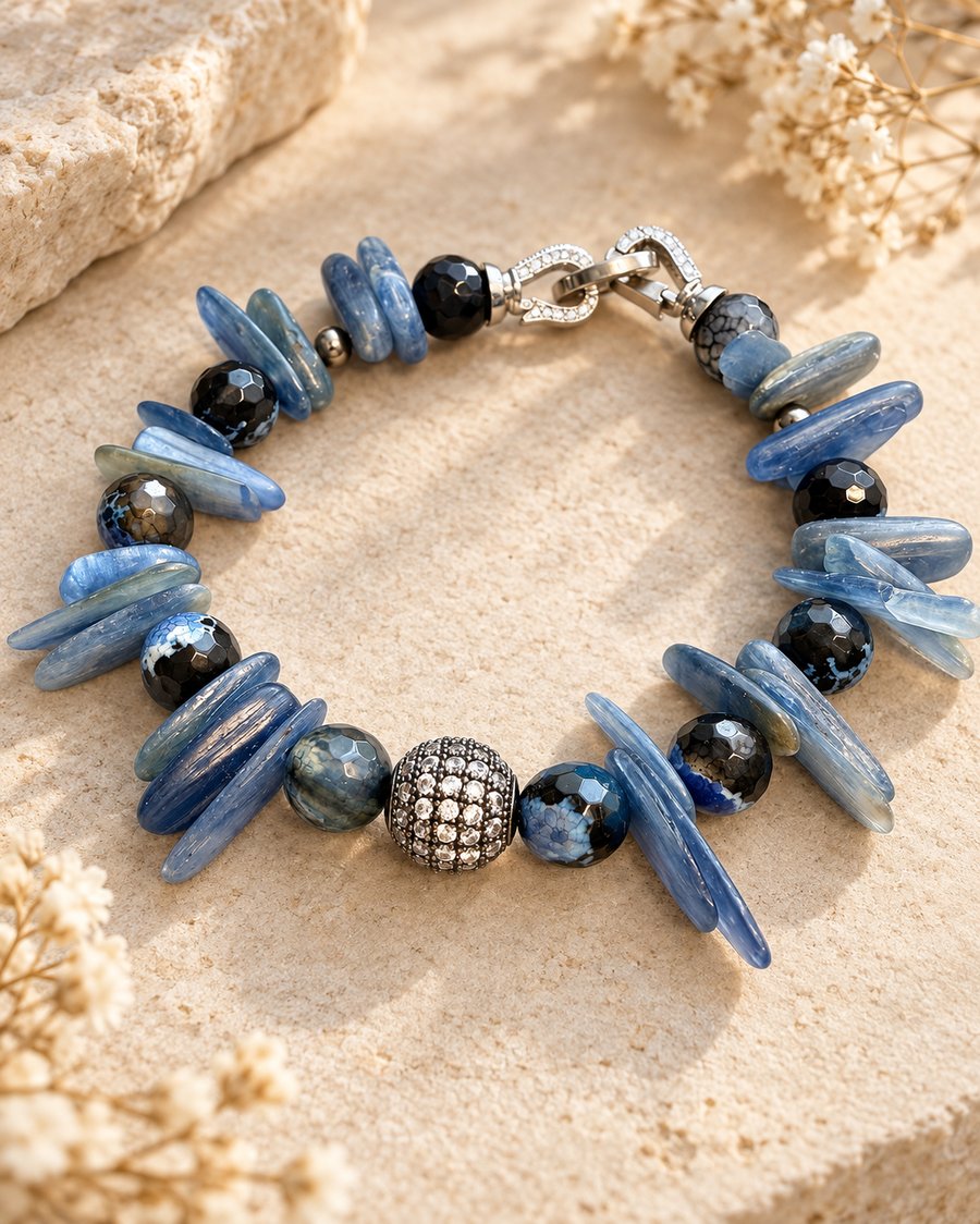 Natural Kyanite and Agate Bracelet – Handmade Blue Statement Jewellery