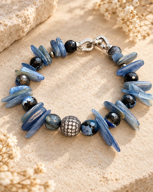 Natural Kyanite and Agate Bracelet – Handmade Blue Statement Jewellery