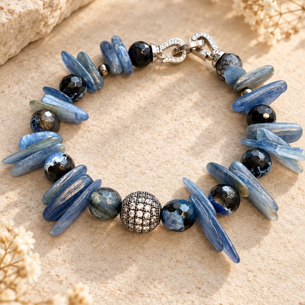 Natural Kyanite and Agate Bracelet – Handmade Blue Statement Jewellery