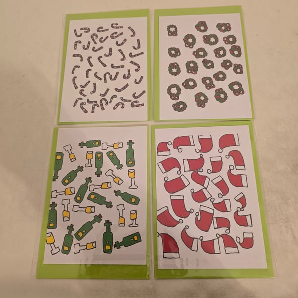 Christmas Greetings Cards Hand-Drawn Pack of 4