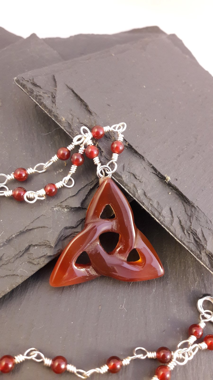 Red Agate Triquetra and Rosary Link Necklace
