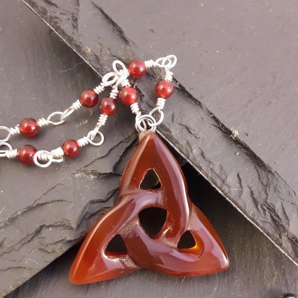 Red Agate Triquetra and Rosary Link Necklace