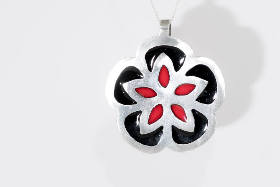 Enamelled Black and Red Flower Pendant, Handcrafted silver necklace