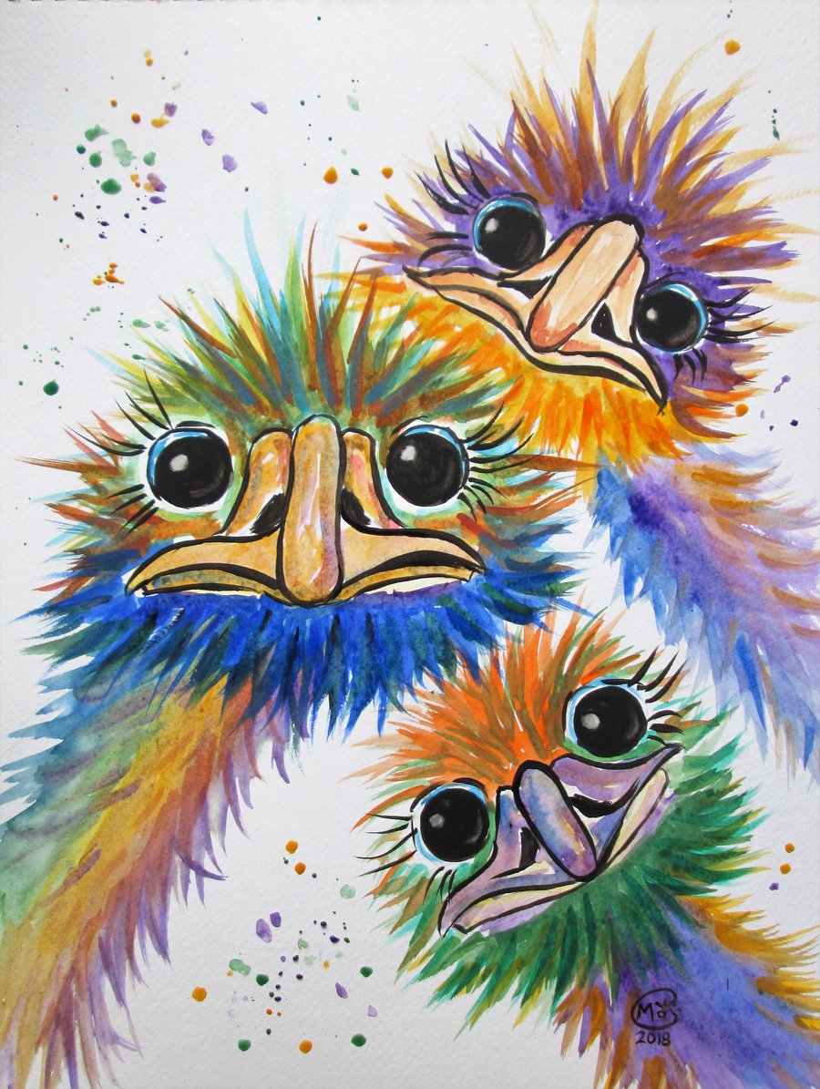 Colourful Emu Trio. Original watercolour painting