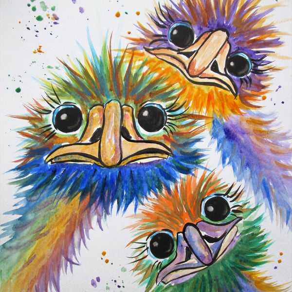 Colourful Emu Trio. Original watercolour painting