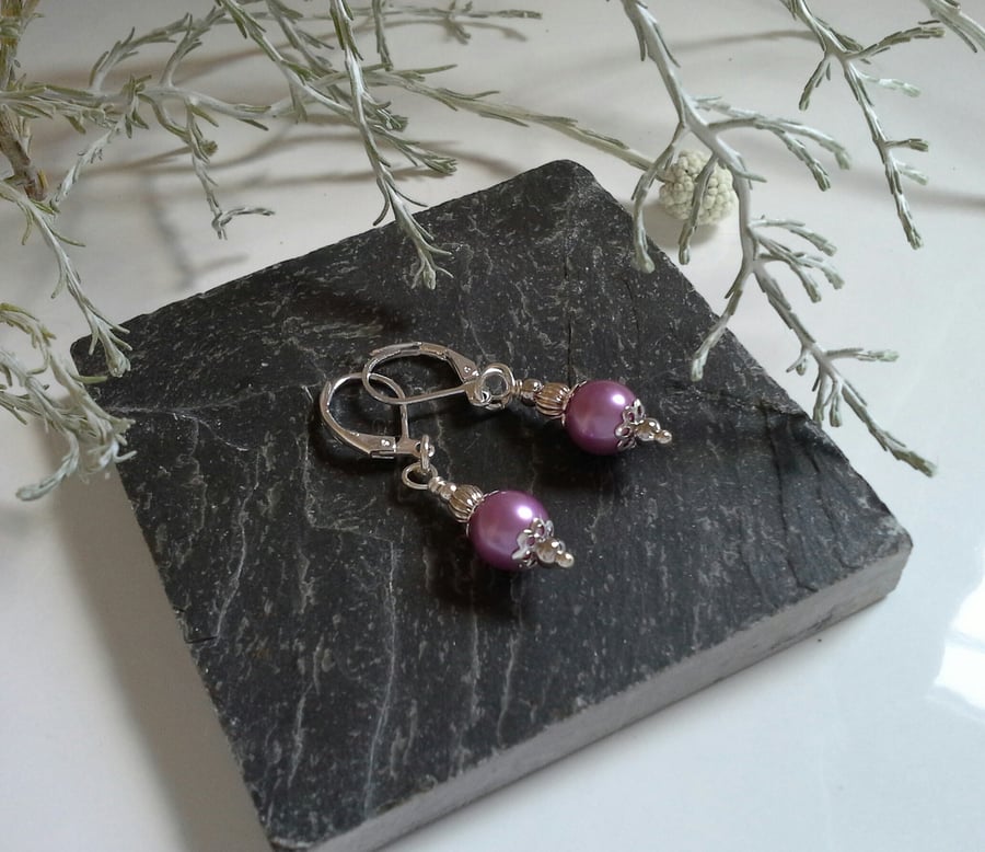 Dainty Pink Shell Pearl Lever Back Silver Plate Earrings