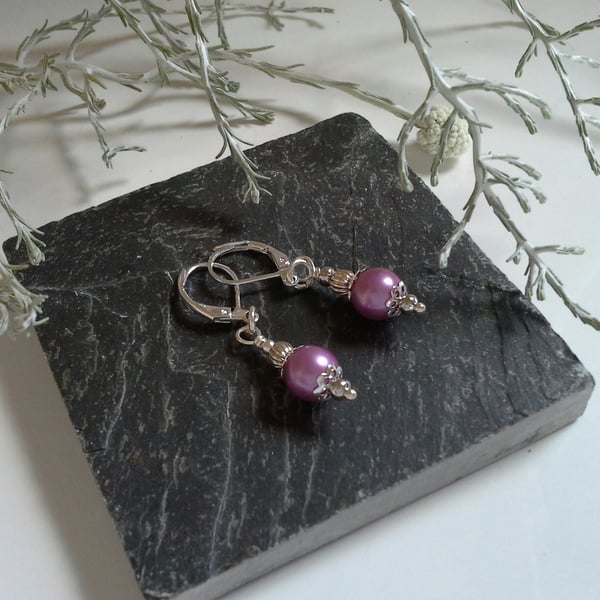 Dainty Pink Shell Pearl Lever Back Silver Plate Earrings