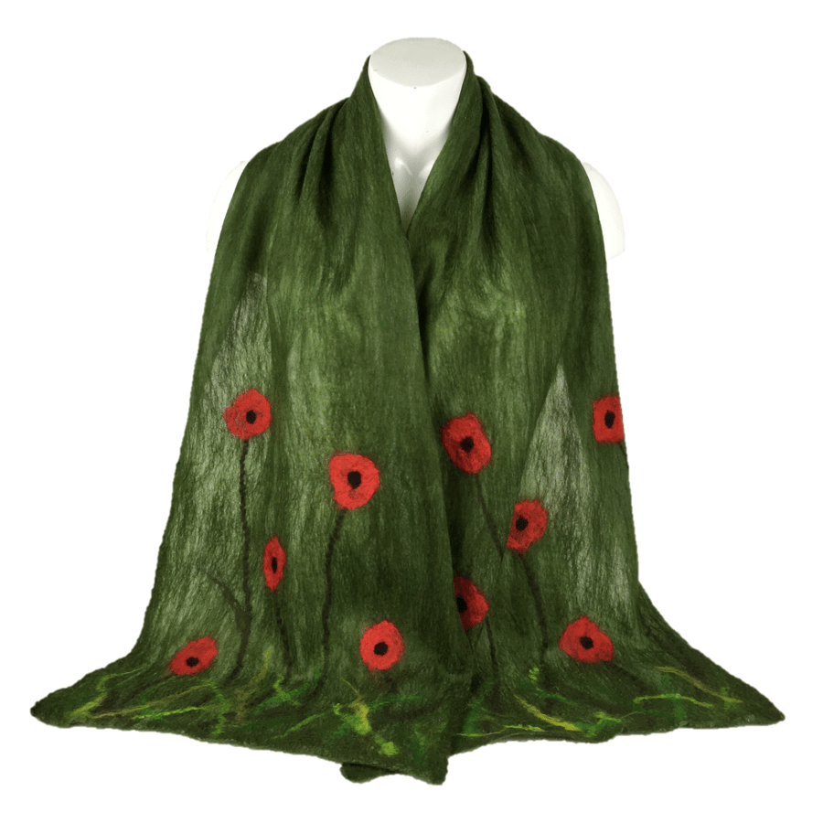 Green poppy nuno felted scarf, longer length, merino wool on silk