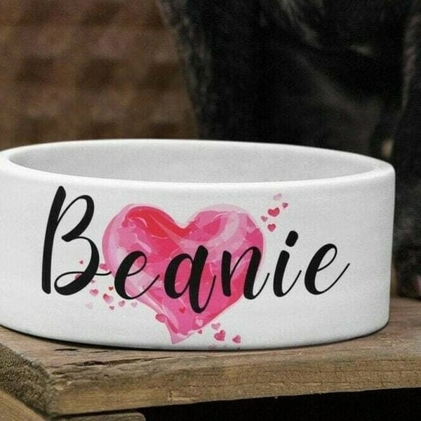 Personalised Pet Bowls Pink or Blue Heart Shape Colour Small and Large 
