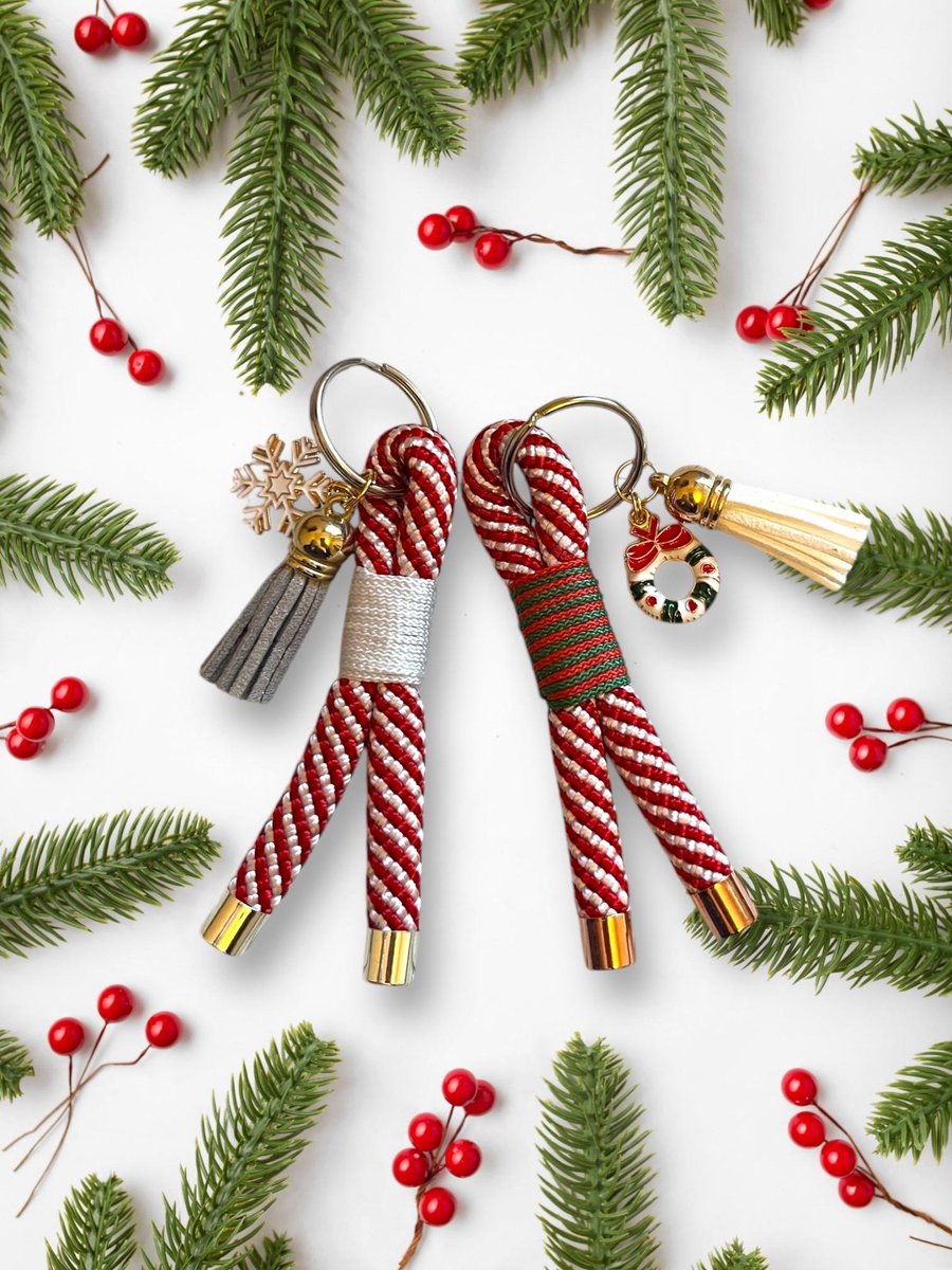 Luxury, Candy Cane, Christmas keychain with charm and tassel. 10mm paracord rope