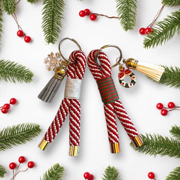 Luxury, Candy Cane, Christmas keychain with charm and tassel. 10mm paracord rope