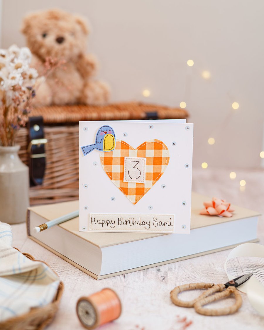 Heart & Bird Embroidered Birthday Card - Custom