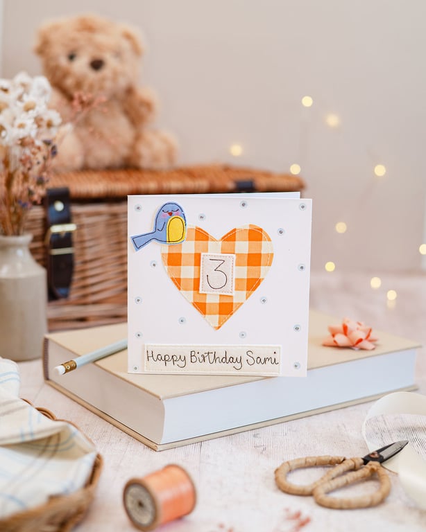 Heart & Bird Embroidered Birthday Card - Custom