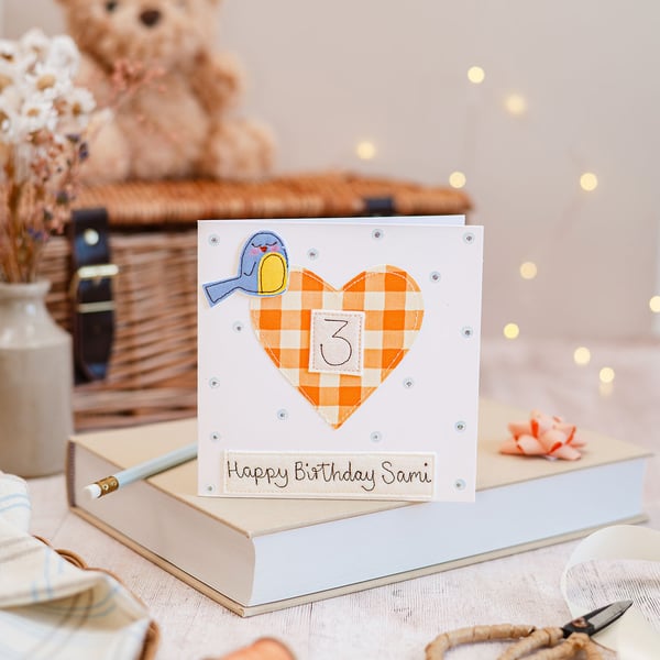 Heart & Bird Embroidered Birthday Card - Custom
