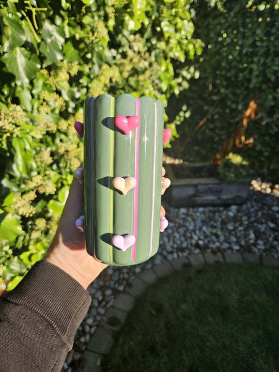 Green Glazed Ceramic Vase with 3D Pink Hearts – Unique Funky Home Decor