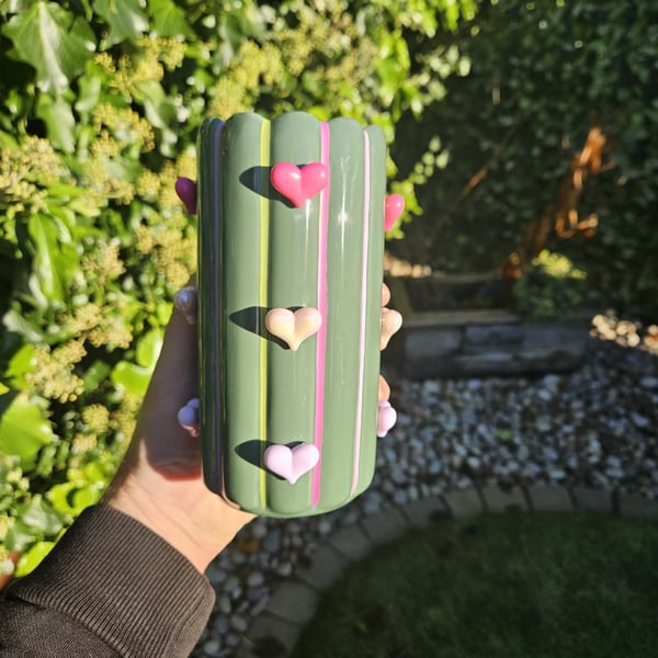 Green Glazed Ceramic Vase with 3D Pink Hearts – Unique Funky Home Decor