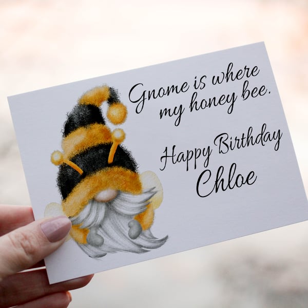 Gnome Is Where My Honey Bee Birthday Card, Gonk Birthday Card, Personalized Bee 