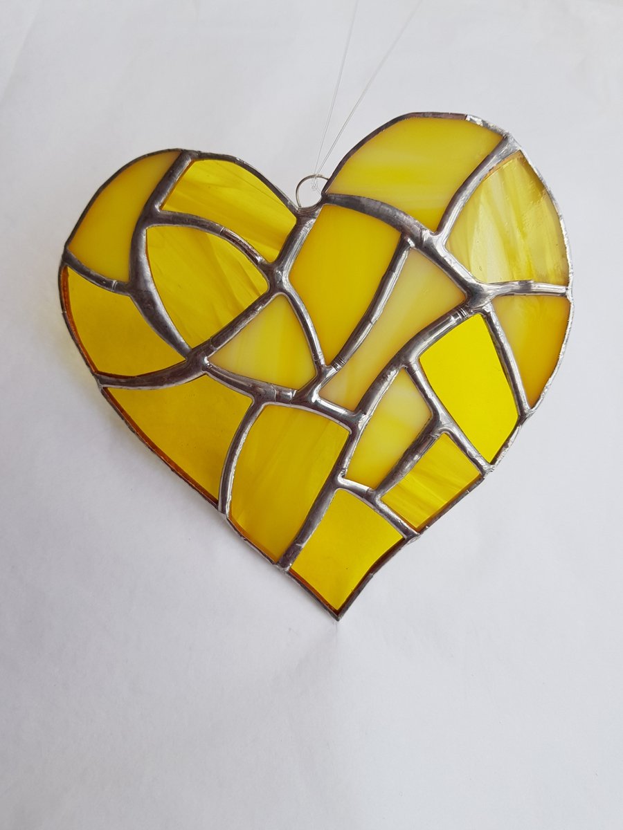 425 Stained Glass Medium Multi yellow Heart - handmade hanging decoration.